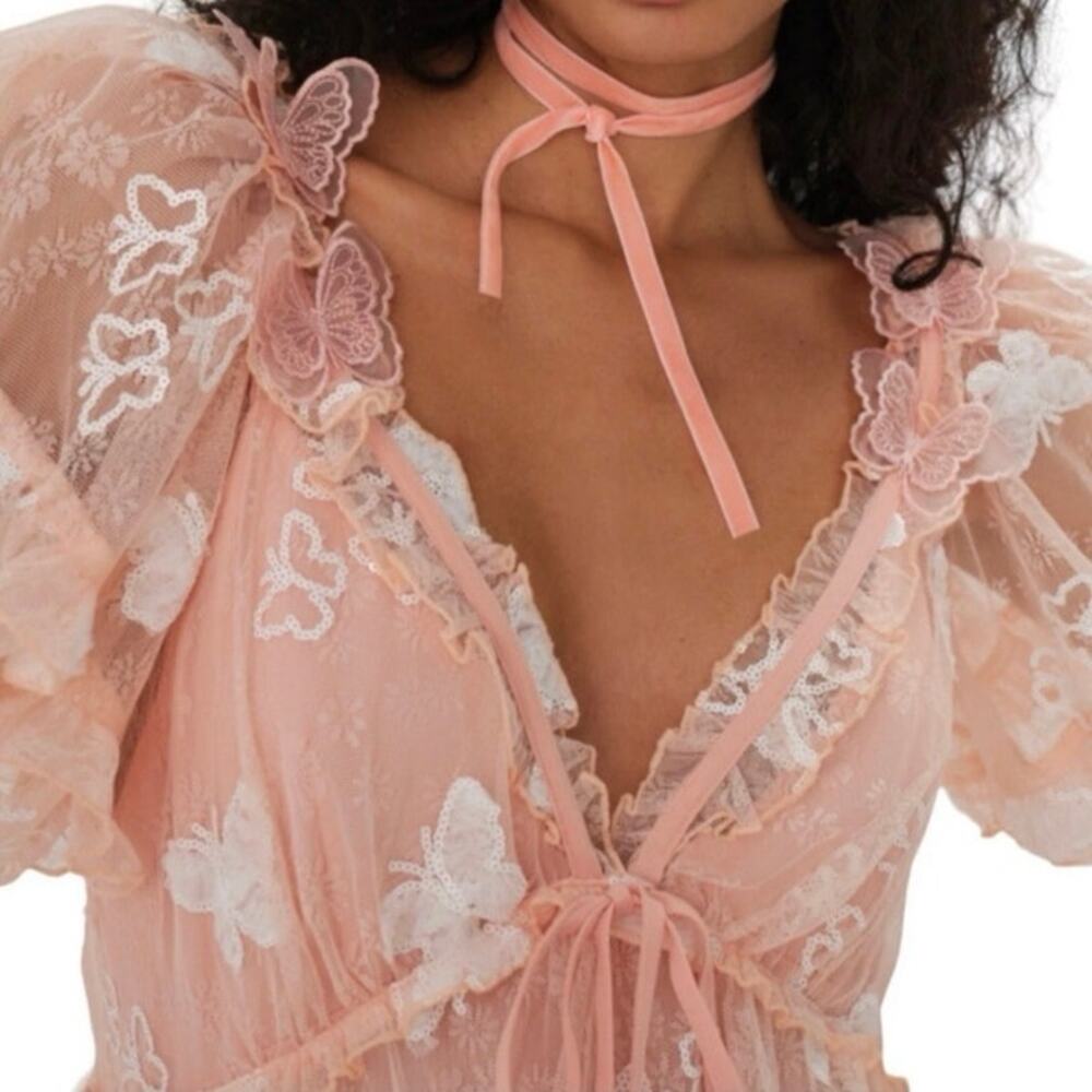 For Love & Lemons Shari Medium Peach Mini Dress Butterfly Sequin Lace NWT - Picture 4 of 16